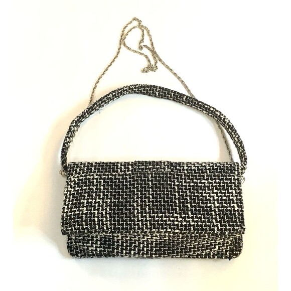 Wild Rose Tweed Handbag Black White Top Handle Removeable Silver Crossbody Chain - Picture 2 of 15